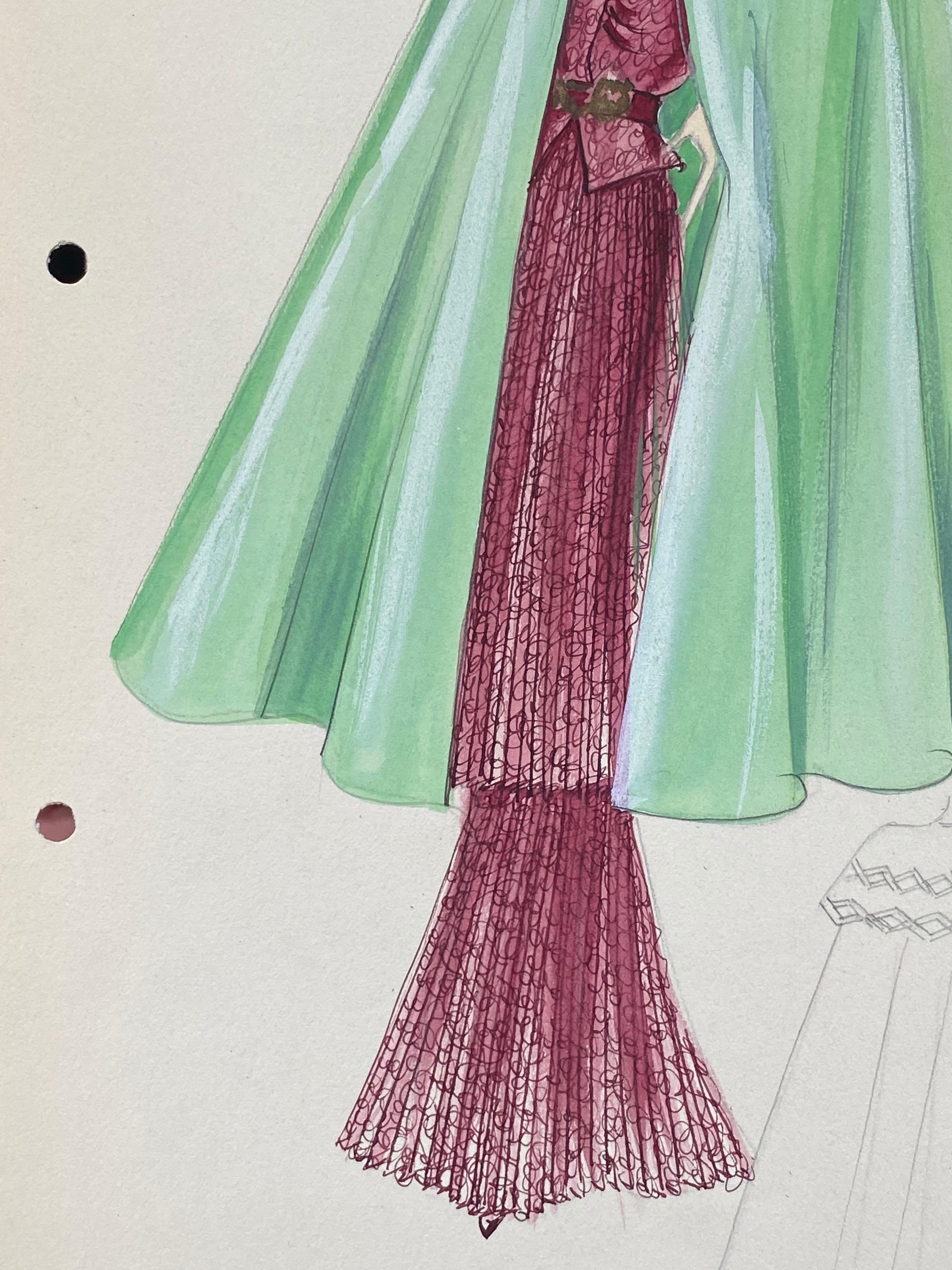 20th Century 1930's Original Parisian Fashion Watercolor Burgandy Dress with Green Cape For Sale