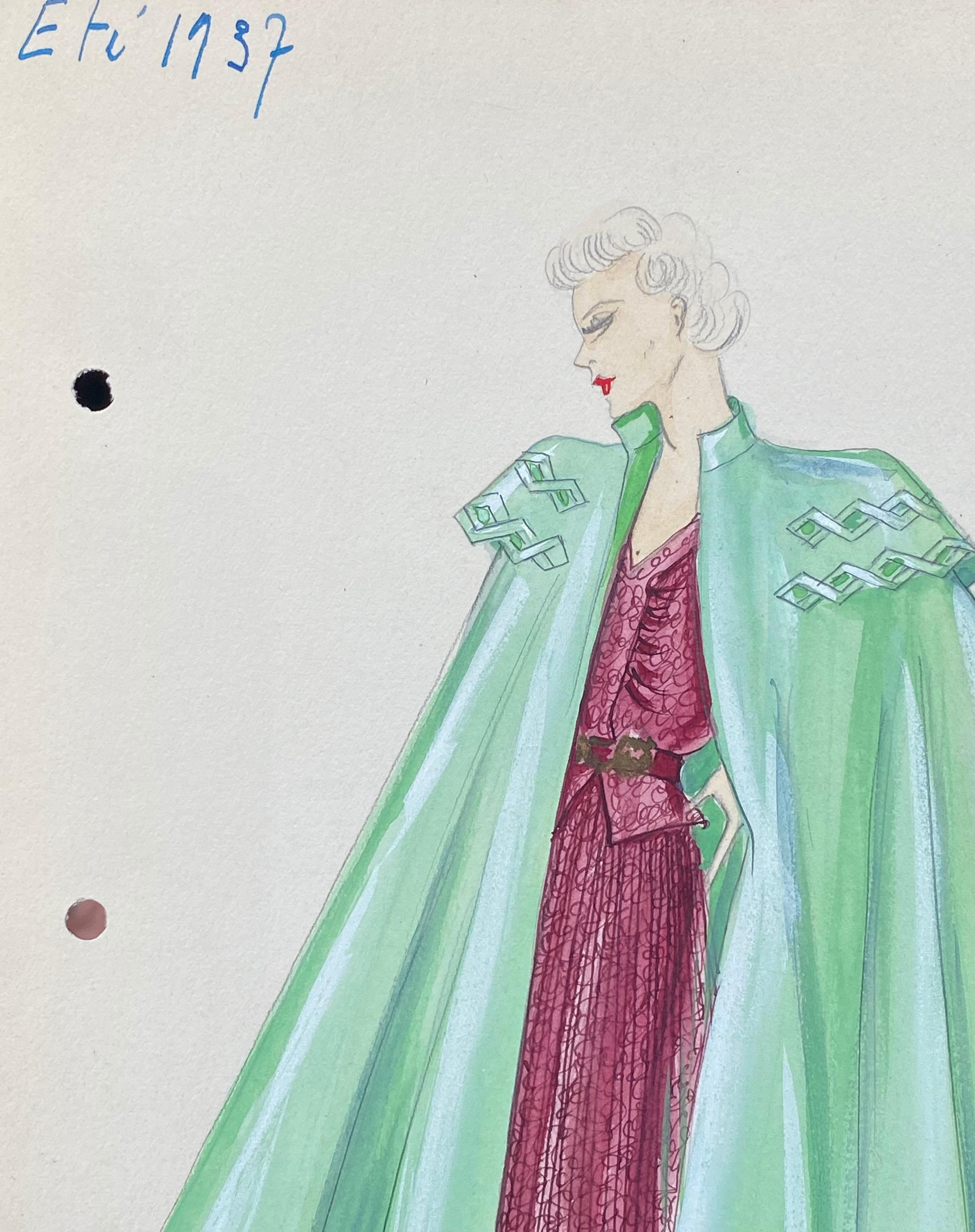 Other 1930's Original Parisian Fashion Watercolor Burgandy Dress with Green Cape For Sale
