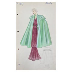1930er Jahre Original Pariser Mode Aquarell-Kleid in Burgunderrot mit grünem Umhang
