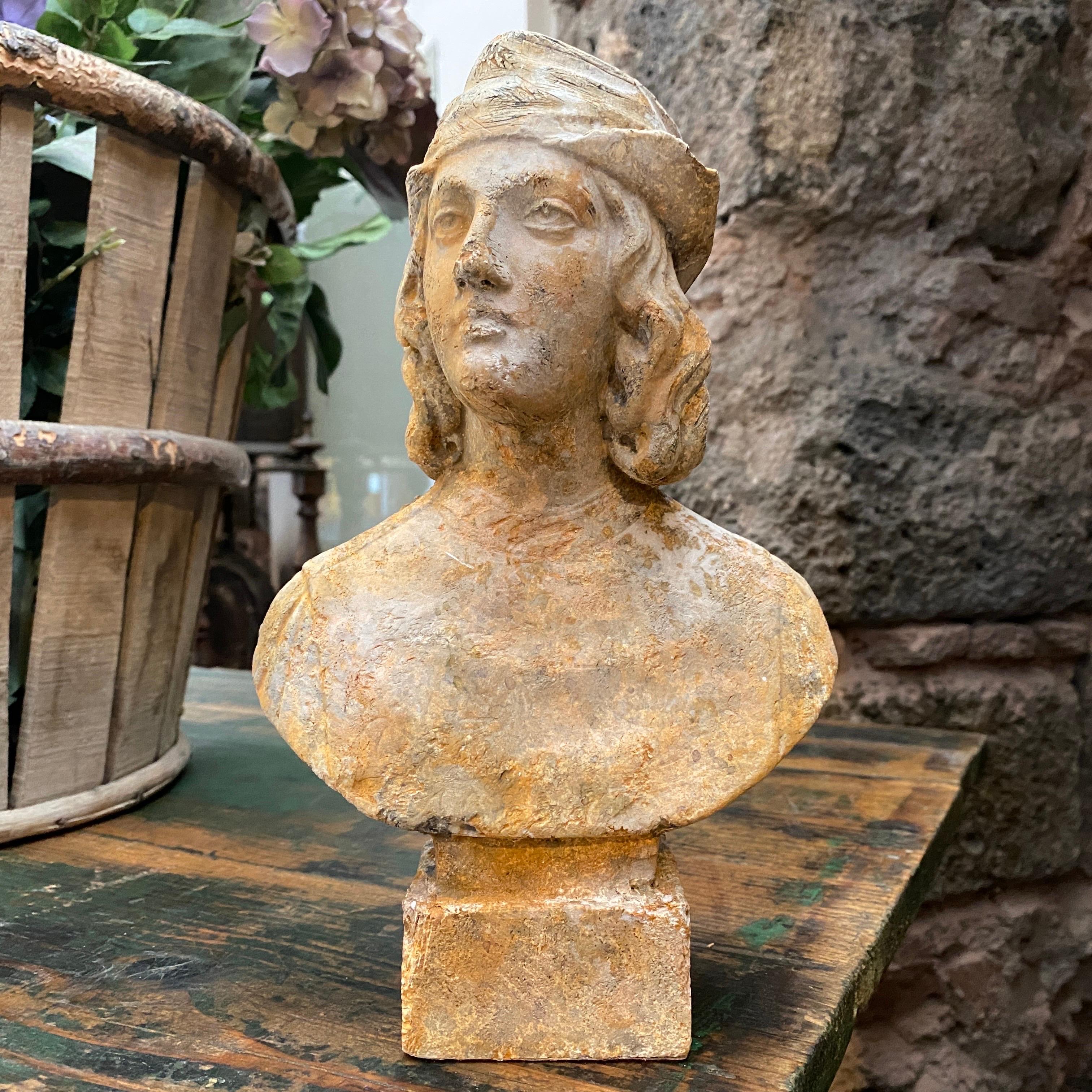 Louis Philippe 1930s Original Patina Sicilian Plaster Sculpture depicting a Bust of Young Man