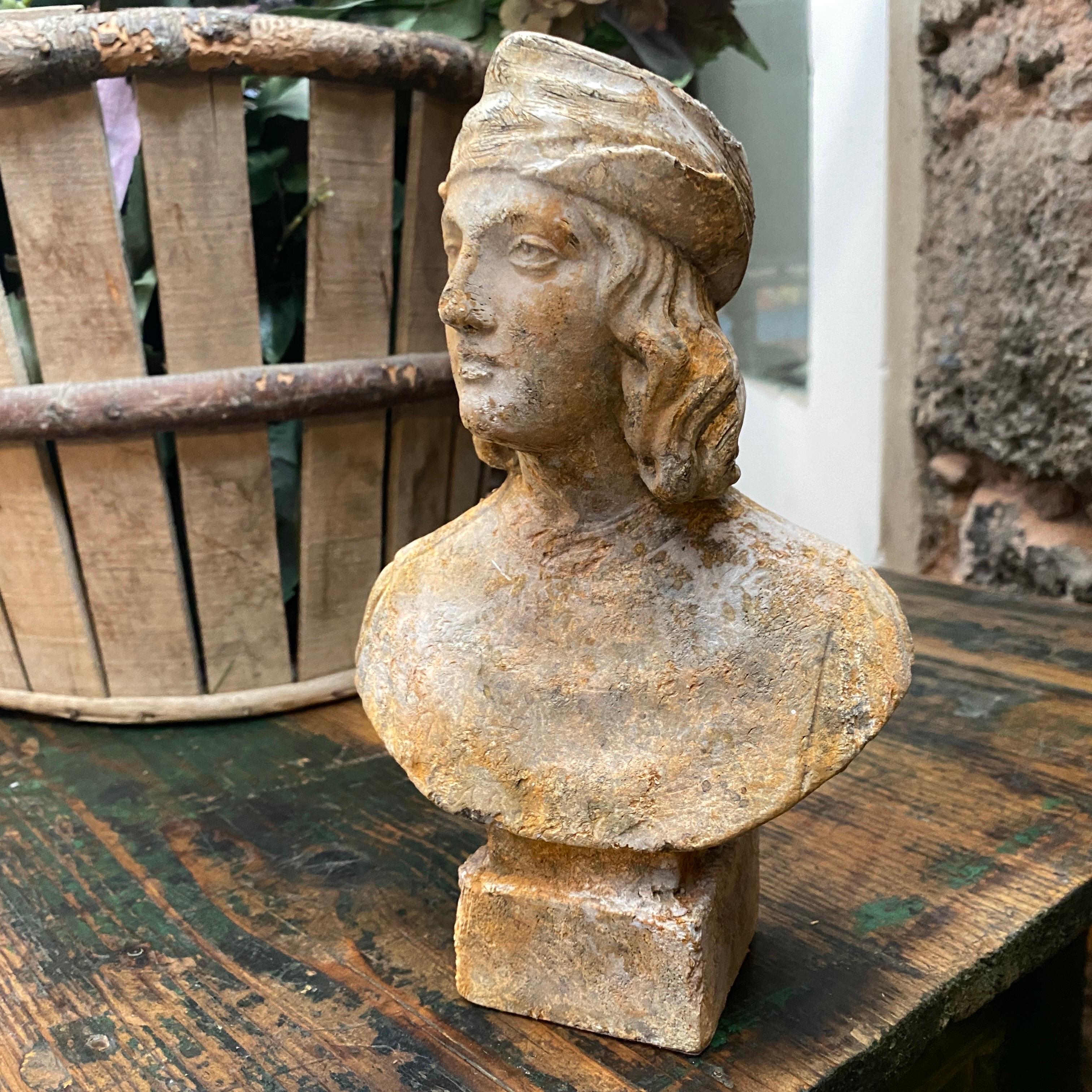 20th Century 1930s Original Patina Sicilian Plaster Sculpture depicting a Bust of Young Man