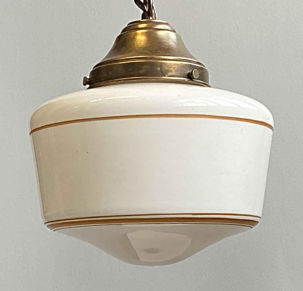 Industrial 1930s Original Schoolhouse Globe Pendant Light with Brass Colored Pin Stripes