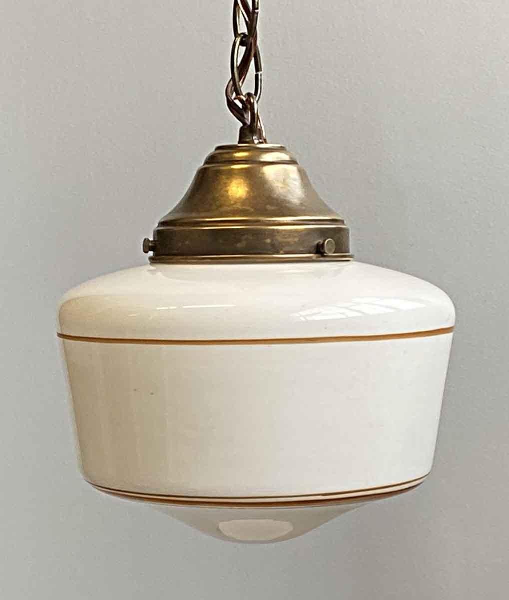 American 1930s Original Schoolhouse Globe Pendant Light with Brass Colored Pin Stripes