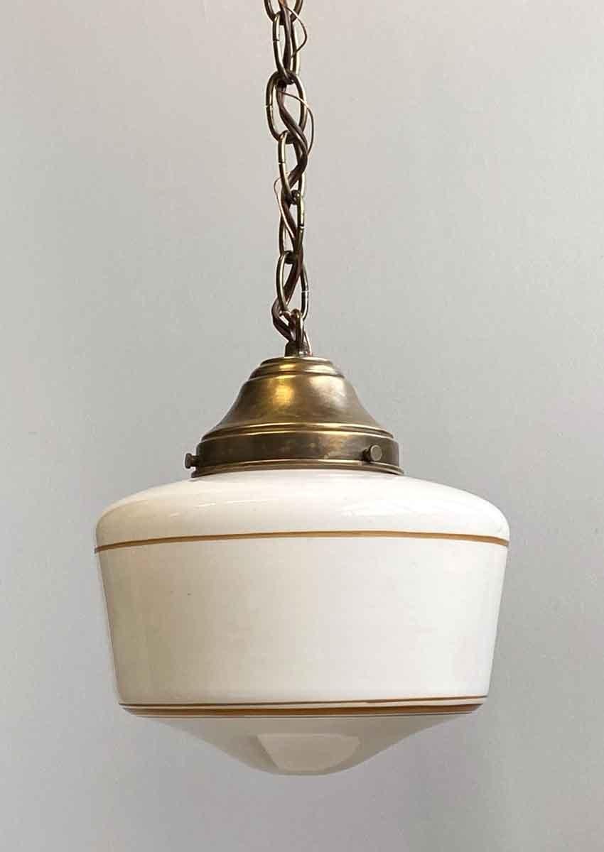1930s Original Schoolhouse Globe Pendant Light with Brass Colored Pin Stripes In Good Condition In New York, NY