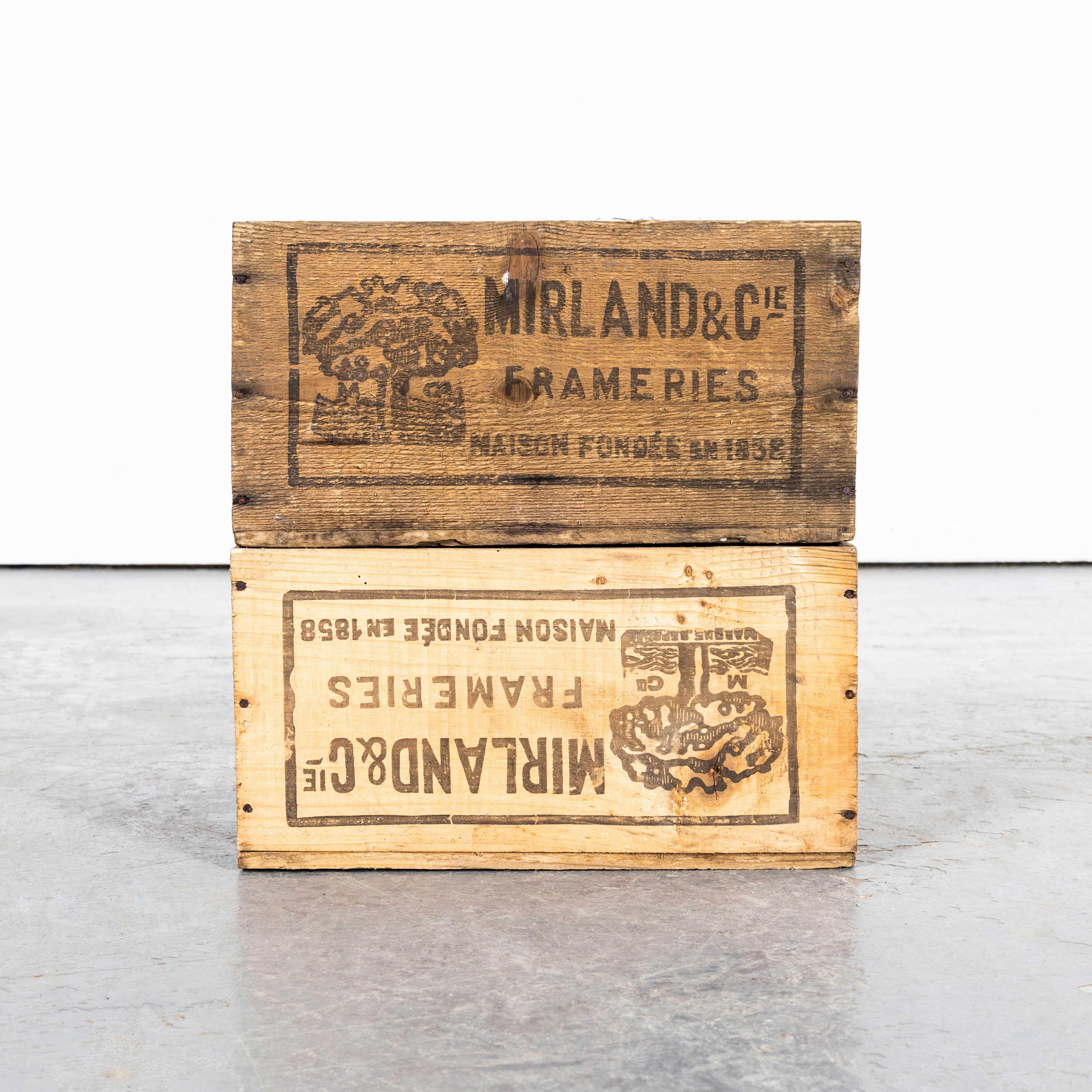 1930's Original Shipping Export Crates Mirland - Pair. 

Originally used to ship jams from the confitures factory of Mirland & Co, Frameries Belgium. Listing is for the pair.

Workshop Report:
Our workshop team inspect every product and carry out
