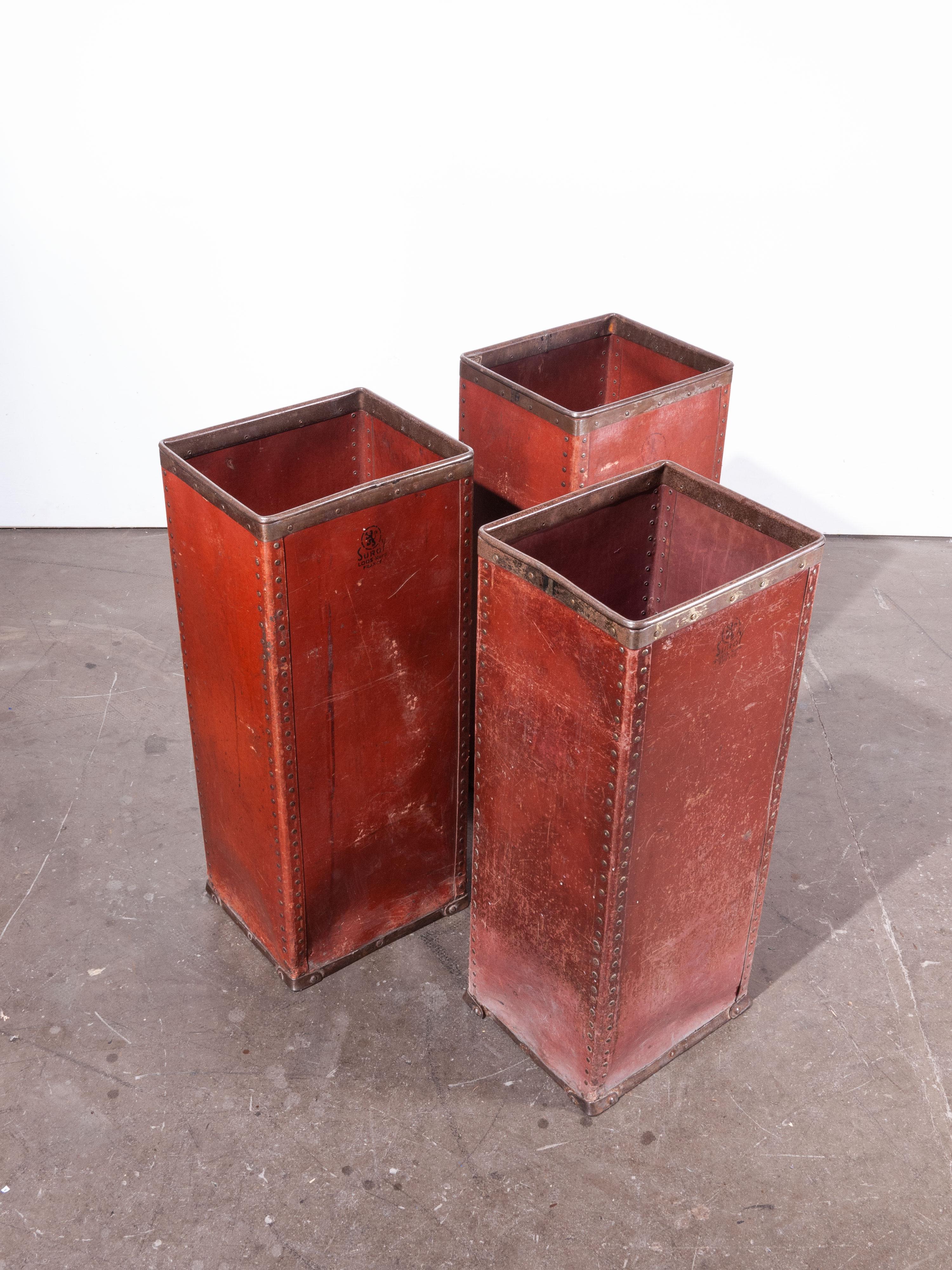 1930s original Suroy tall industrial storage boxes – Three available
1930s original Suroy tall industrial storage boxes. In 1853 the textile industrial revolution arrived in Loos, Nord France with the formation of the Esquermes factory by Alfred
