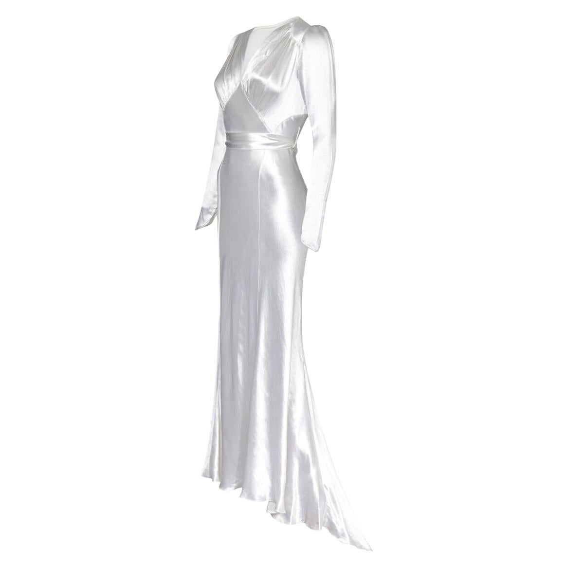 1930s Original White Silk Satin Bias Cut Wedding Dress