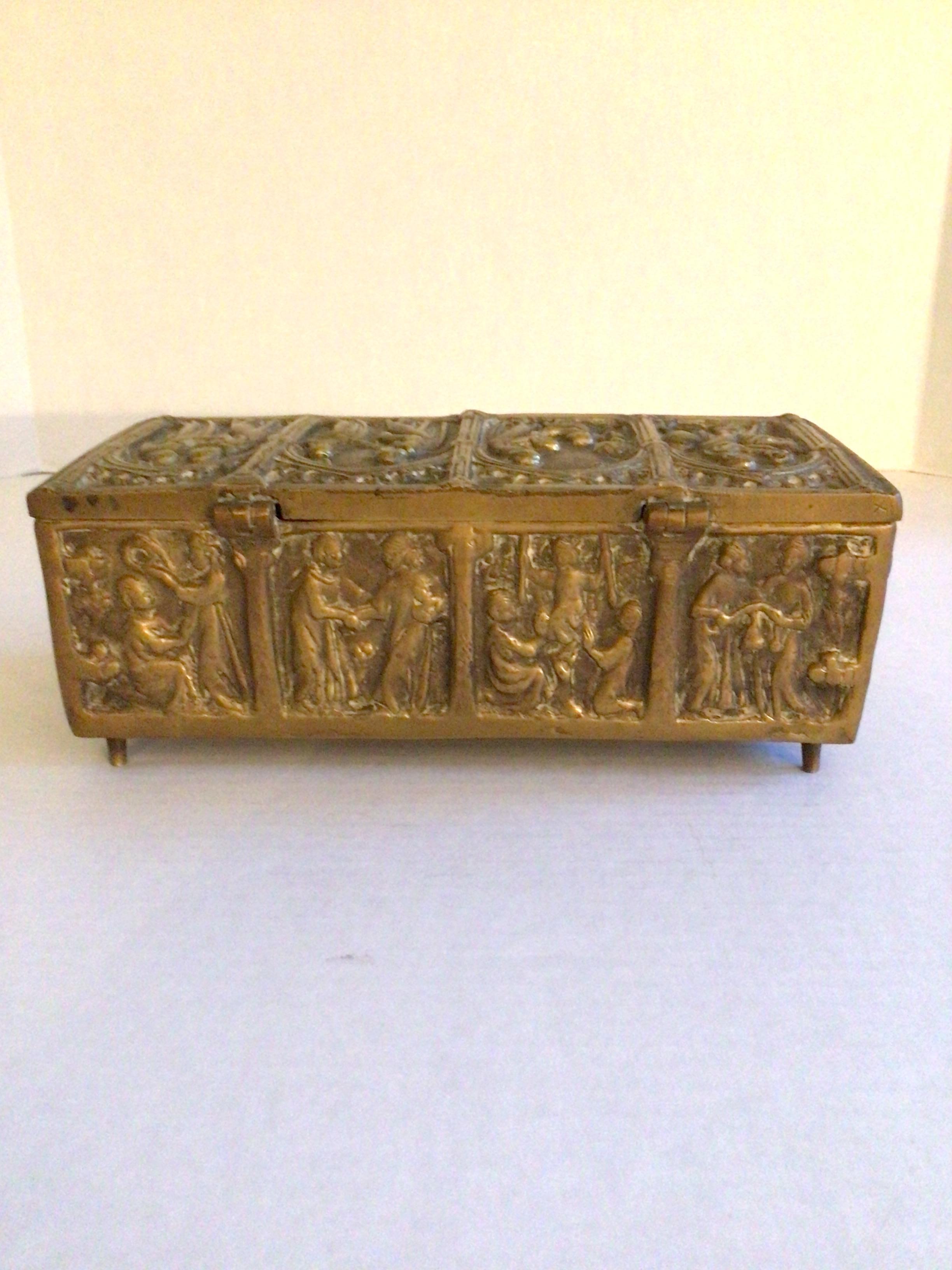Cast 1930s Ornate Bronze Box with Feet and Hinged Lid For Sale