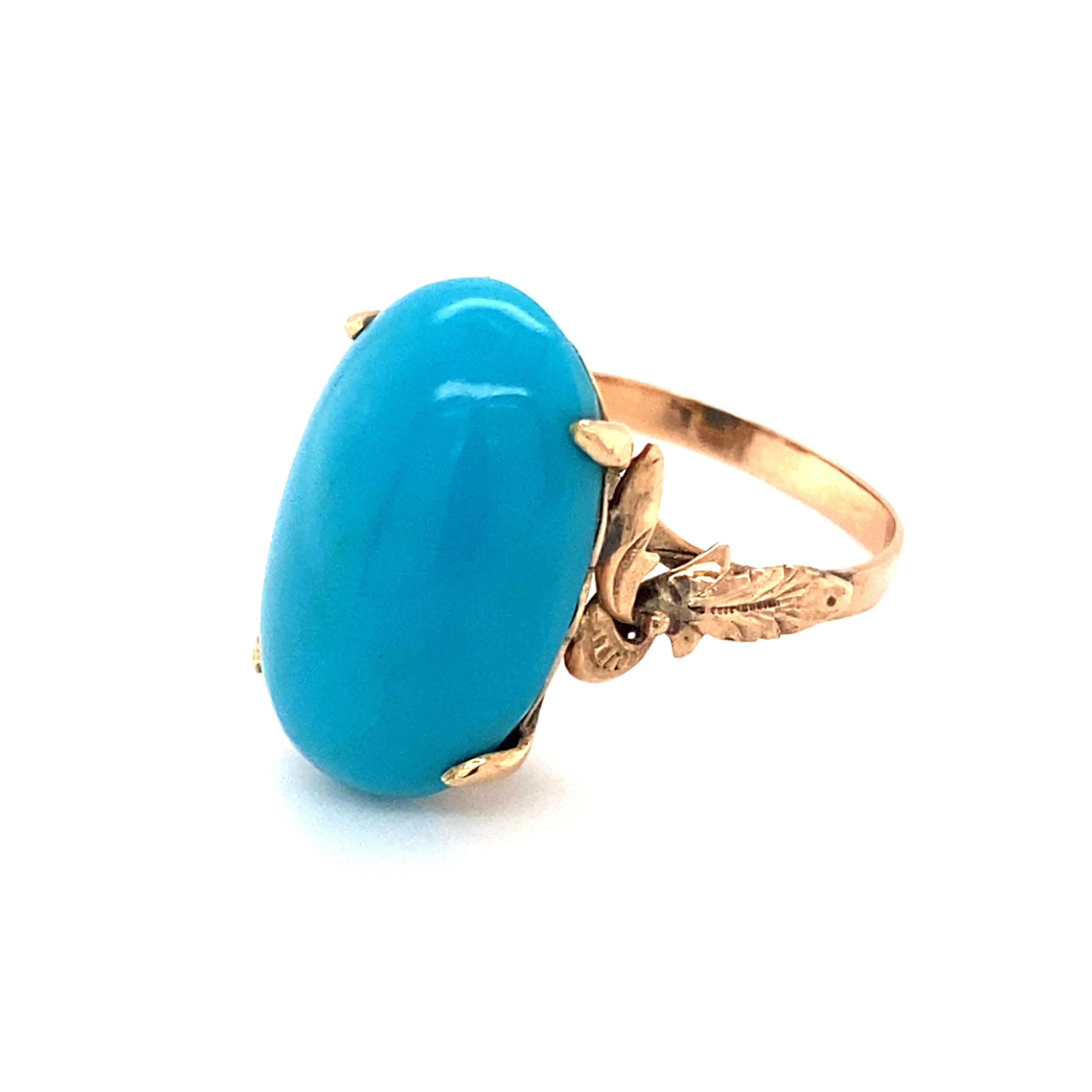 Item Details: 
Ring Size: 8.5, sizable
Metal Type: 9 Karat Rose Gold
Weight: 4.8 grams
Finger to Top of Stone Measurement: 10 millimeters 

Color Stone Details: 
Type: Natural Turquoise
Color: Blue
Cut: Oval
Dimensions: 19.5 millimeters x 12
