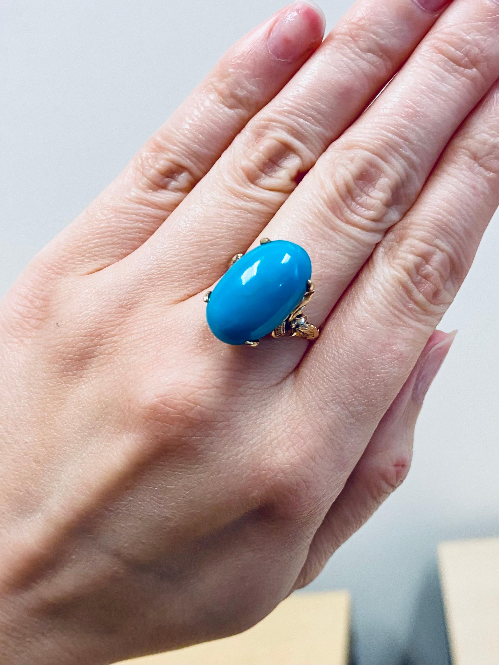 1930s Ornate Turquoise Ring in 9 Karat Rose Gold In Excellent Condition In Hicksville, NY