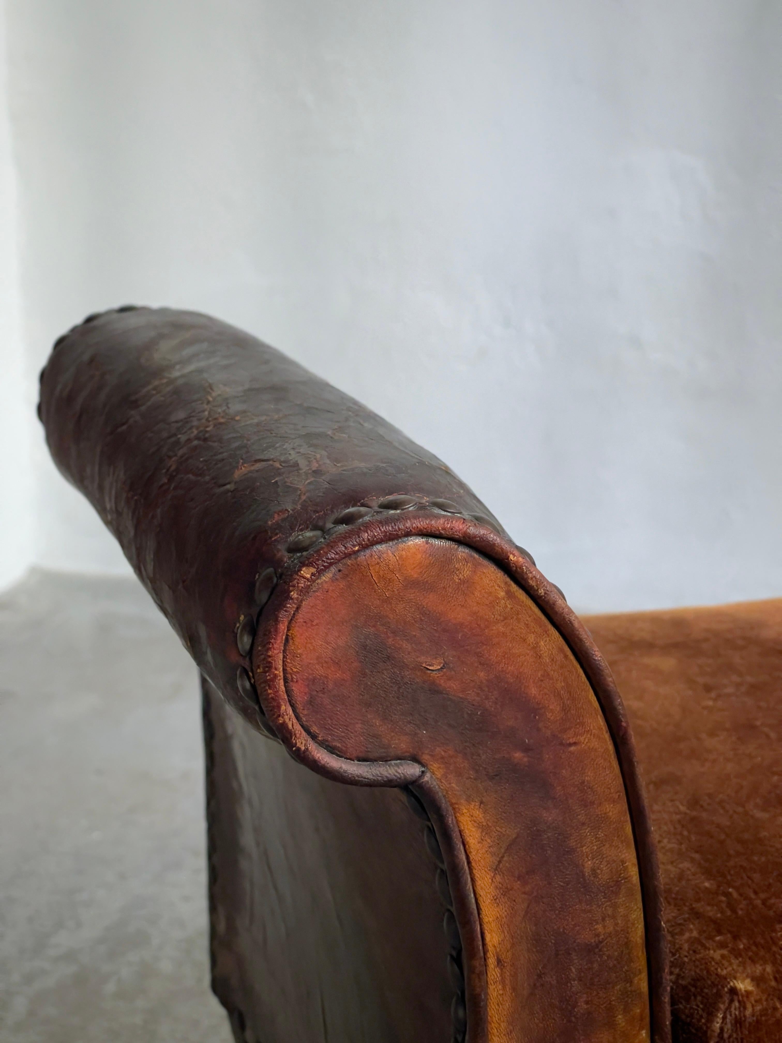 1930s Otto Schultz stool in leather, brown velvet, nailheads, oak. Boet, Sweden For Sale 4