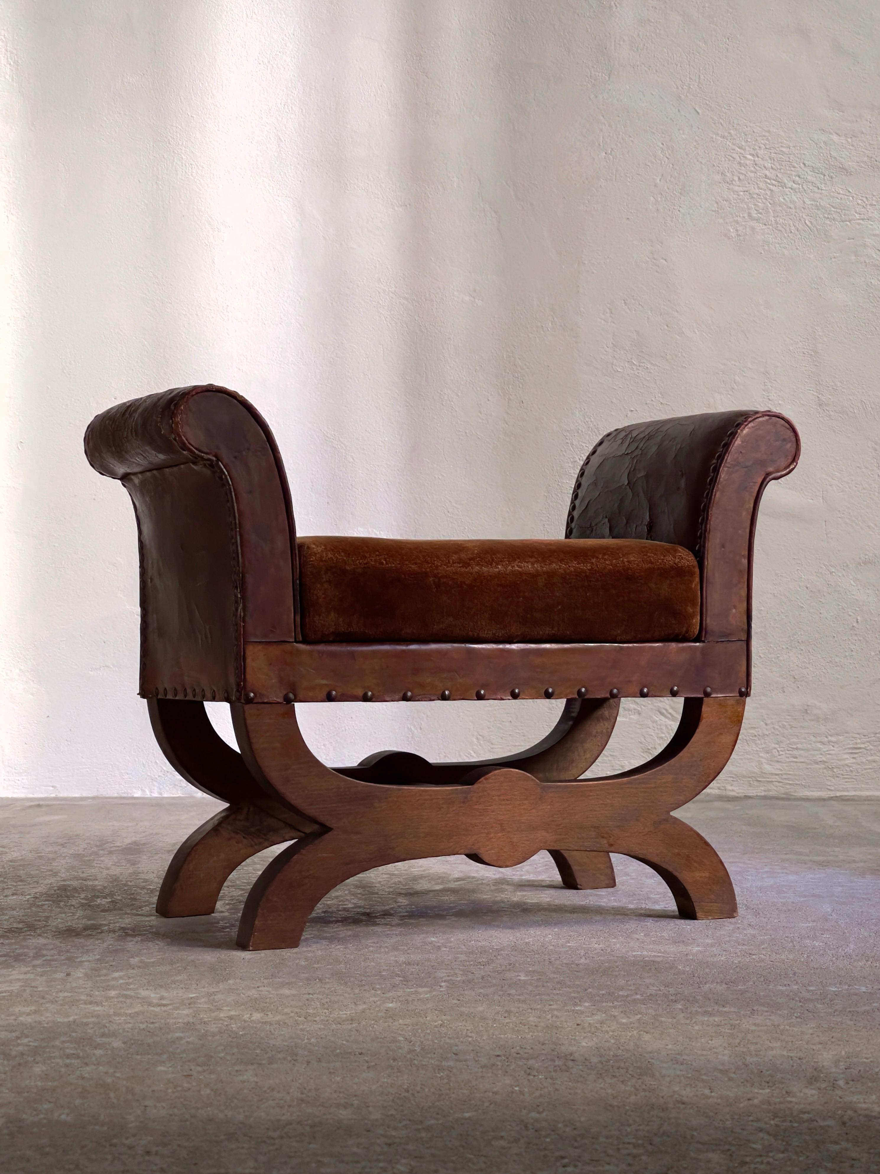 Scandinavian Modern 1930s Otto Schultz stool in leather, brown velvet, nailheads, oak. Boet, Sweden For Sale