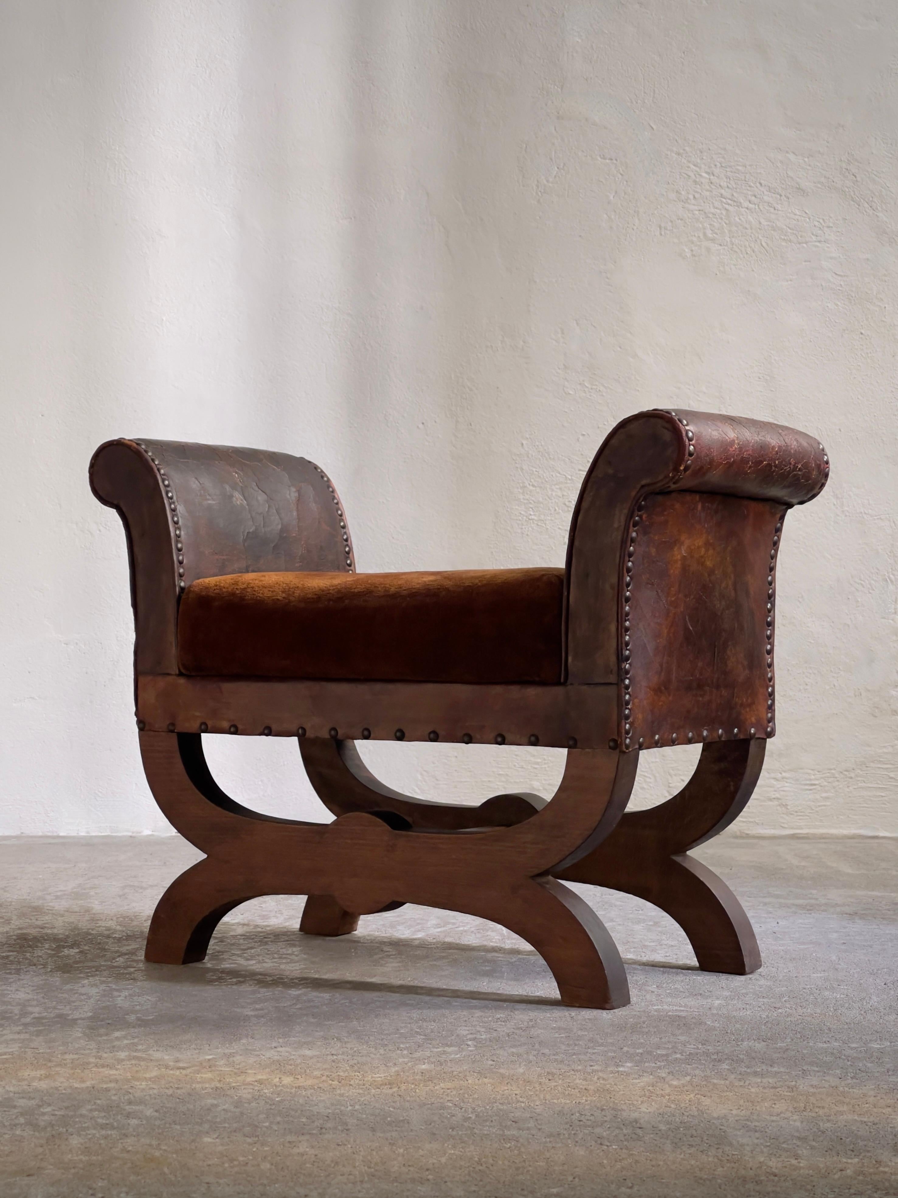Swedish 1930s Otto Schultz stool in leather, brown velvet, nailheads, oak. Boet, Sweden For Sale