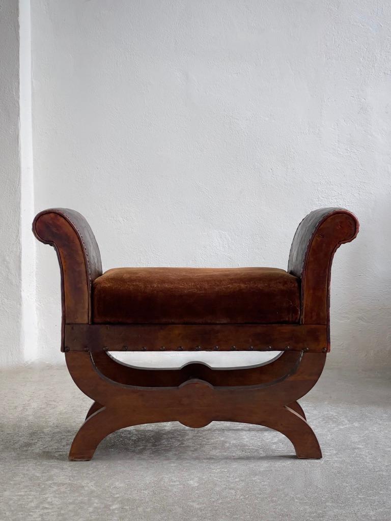 Hand-Crafted 1930s Otto Schultz stool in leather, brown velvet, nailheads, oak. Boet, Sweden For Sale