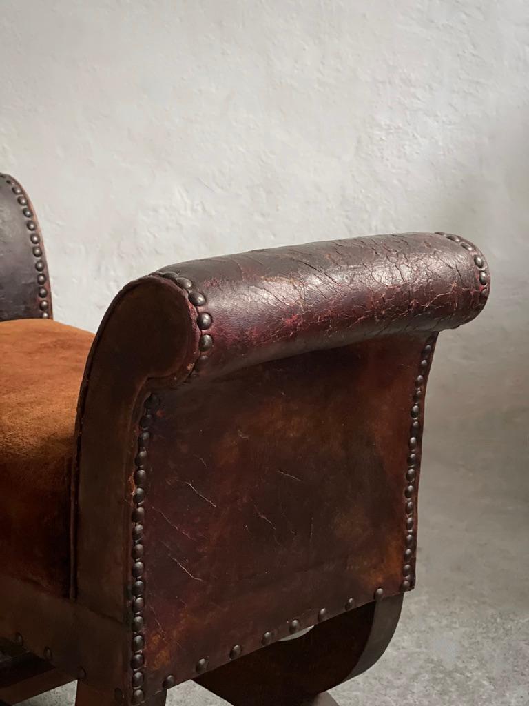 Mid-20th Century 1930s Otto Schultz stool in leather, brown velvet, nailheads, oak. Boet, Sweden For Sale