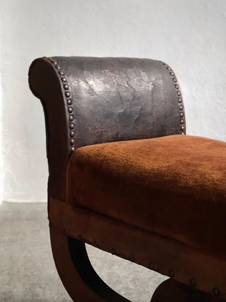 Leather 1930s Otto Schultz stool in leather, brown velvet, nailheads, oak. Boet, Sweden For Sale