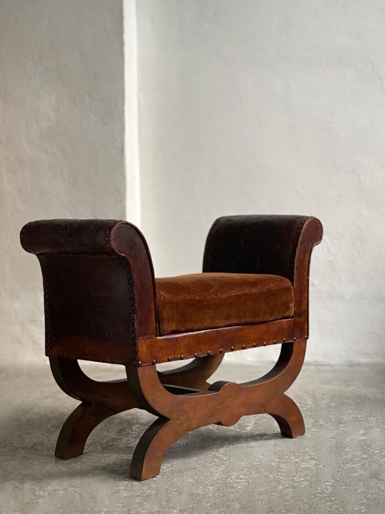 1930s Otto Schultz stool in leather, brown velvet, nailheads, oak. Boet, Sweden For Sale 1