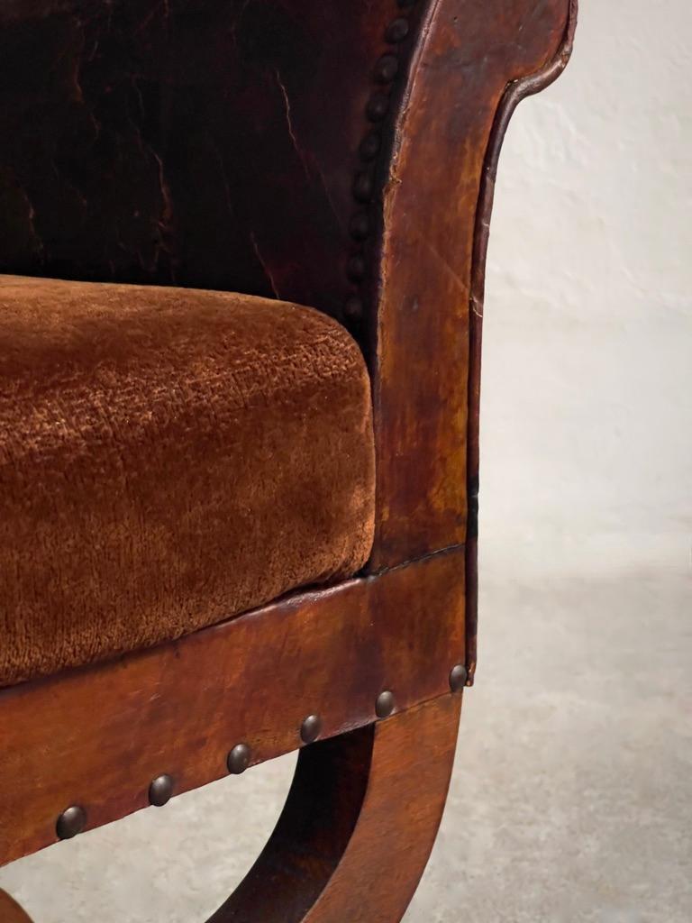 1930s Otto Schultz stool in leather, brown velvet, nailheads, oak. Boet, Sweden For Sale 2