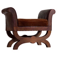 1930s Otto Schultz stool in leather, brown velvet, nailheads, oak. Boet, Sweden