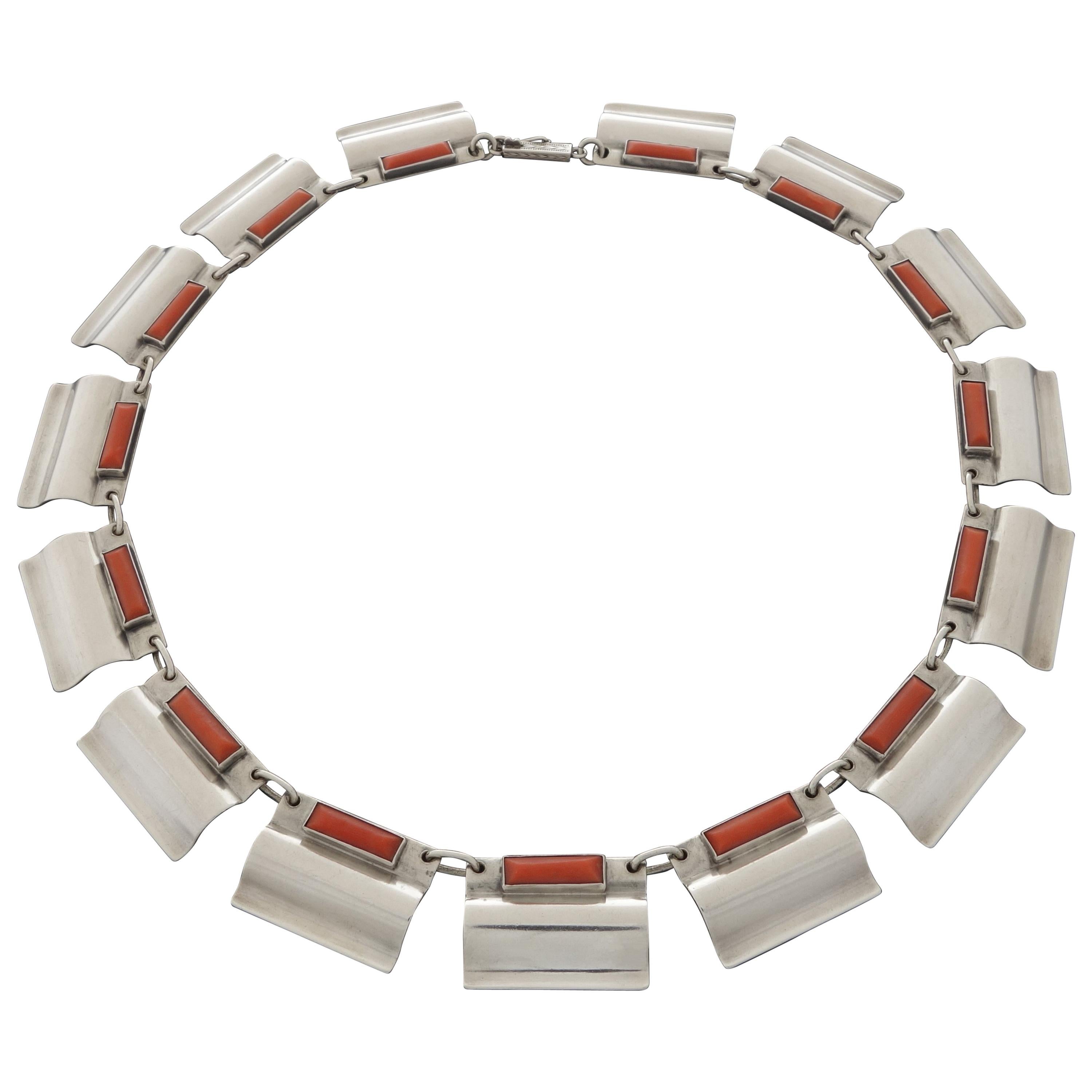 1930s Otto Stüber German Art Deco Coral Silver Necklace For Sale