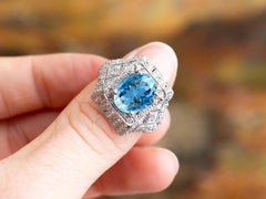 1930s Oval Cut Aquamarine and Diamond Platinum Cocktail Ring