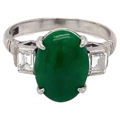 Vintage 1930s Oval Green Jade and Diamond Three Stone Ring in Platinum