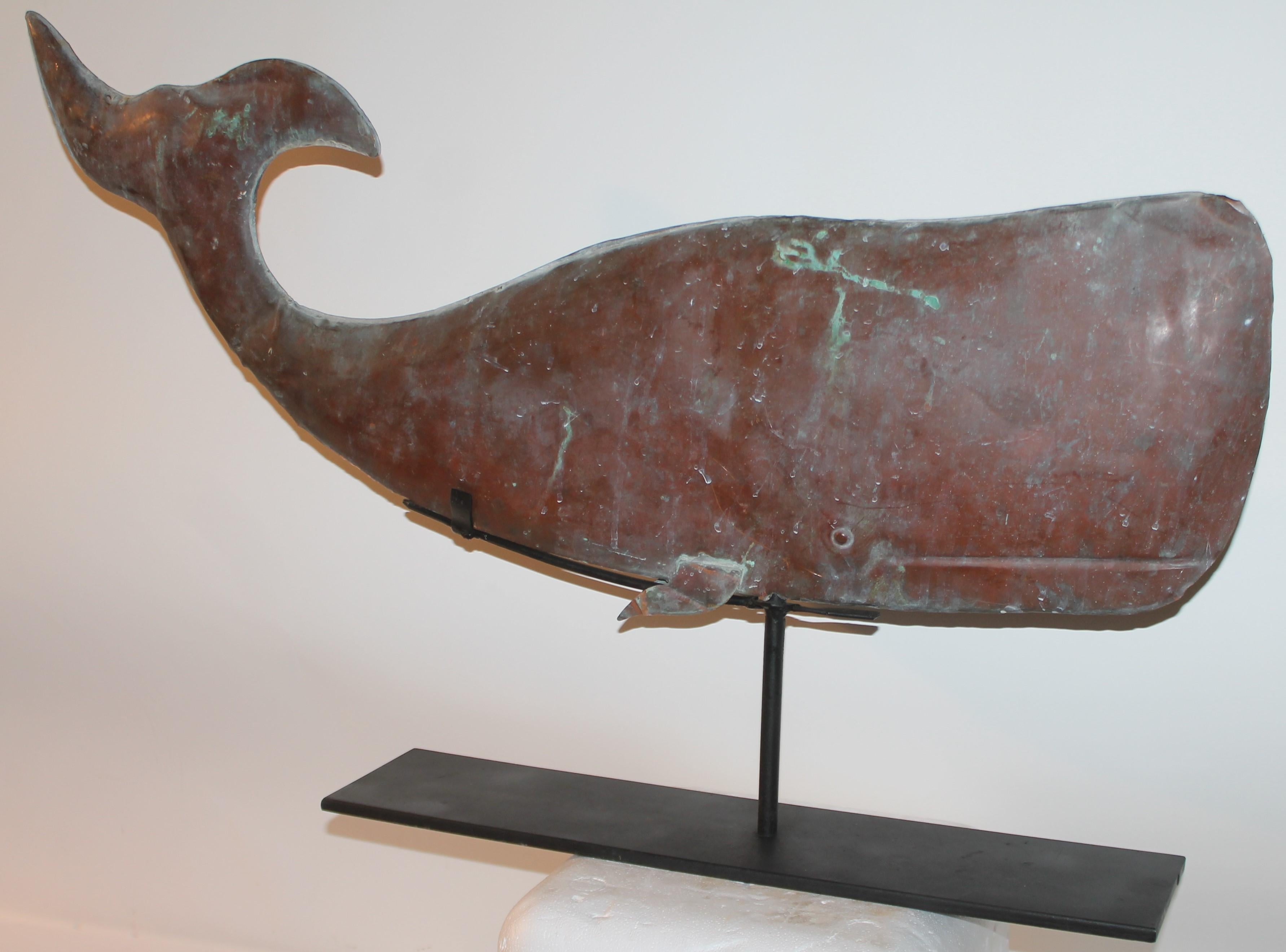 1930's oversized whale weathervane with amazing copper patina.