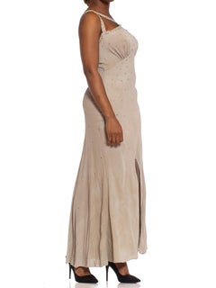 1930S Oyster Grey Bias Cut Rayon Blend Crepe Gown Covered In Crystals With An An