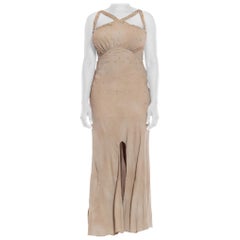 1930S Oyster Grey Bias Cut Rayon Blend Crepe Gown Covered In Crystals With An An
