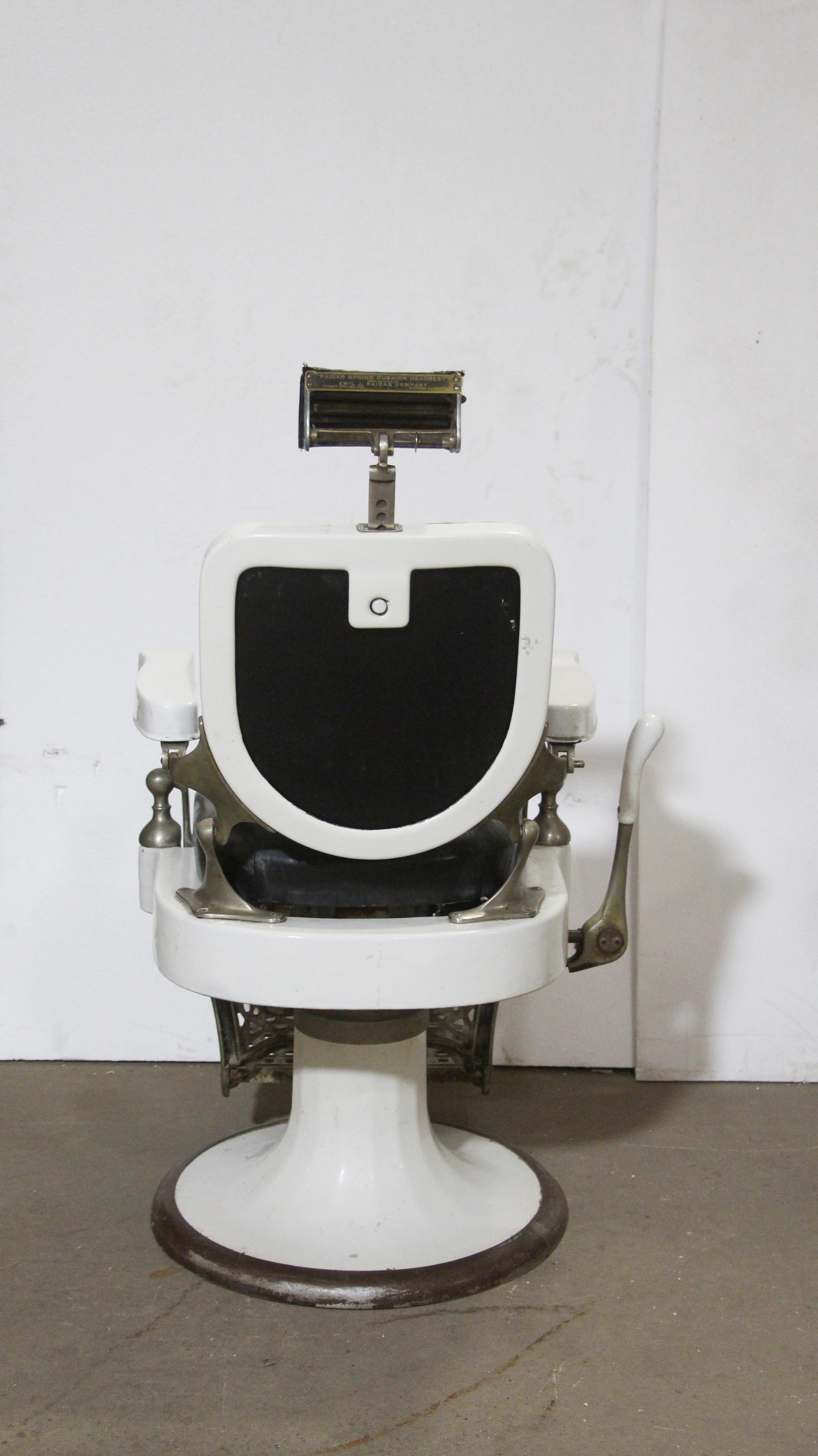 American 1930s Paider Barber Chair with Black Leather Upholstery and White Porcelain