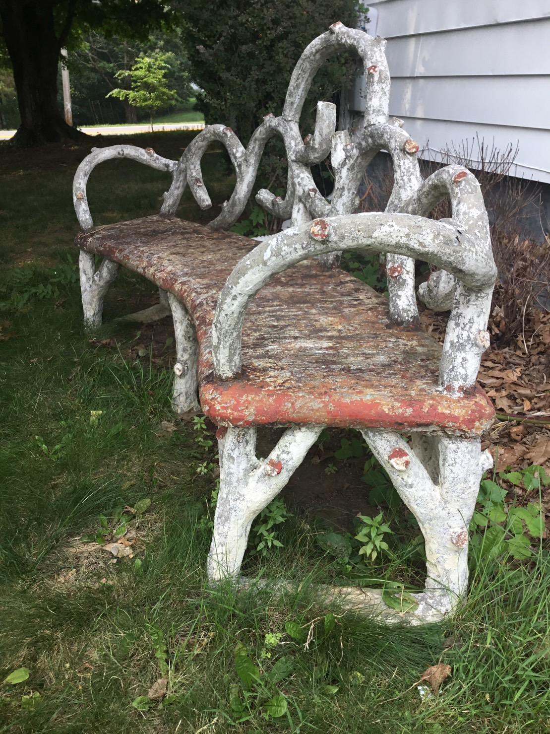 Primitive 1930's Painted Faux Bois Garden Bench and Table