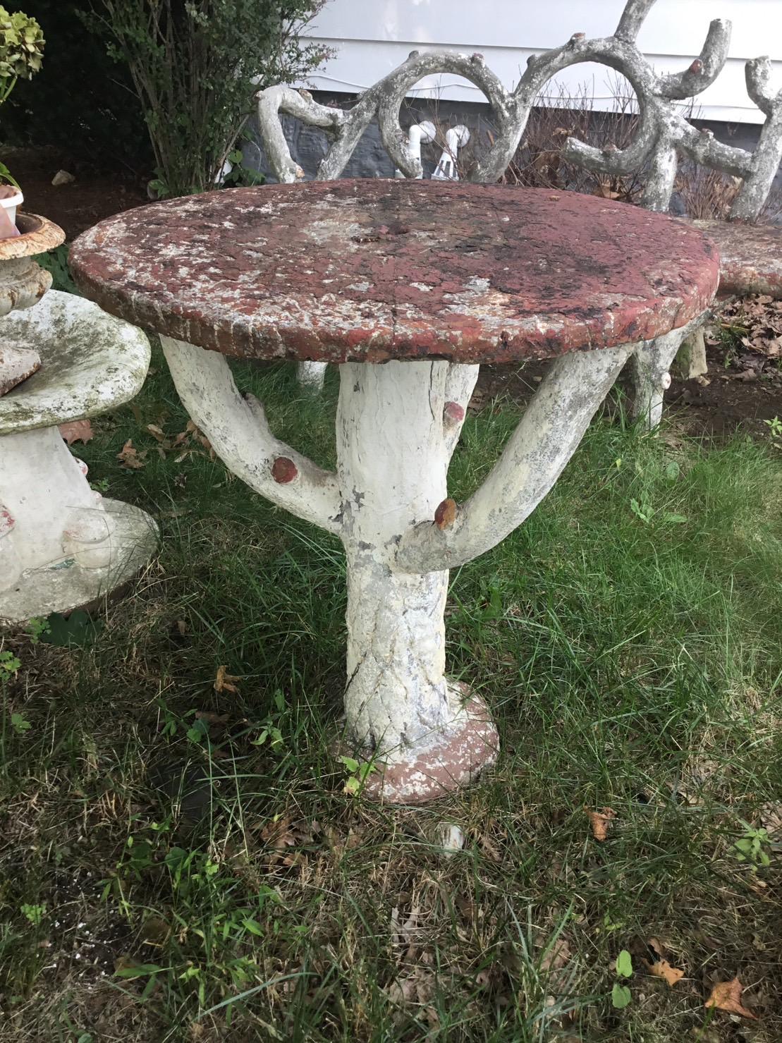 Concrete 1930's Painted Faux Bois Garden Bench and Table