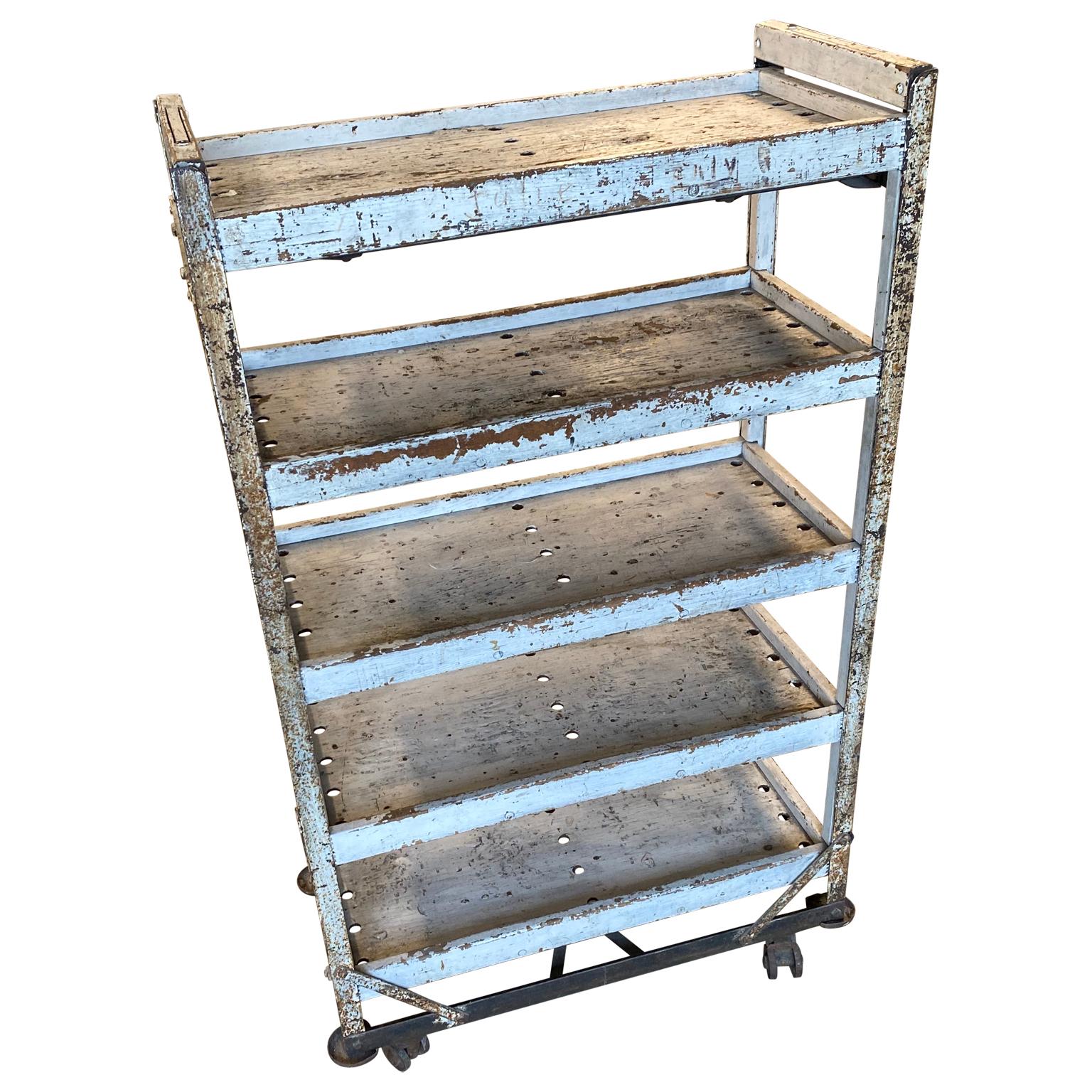 Industrial 1930's Painted Wooden 5 Shelves Cart Or Bread Rack