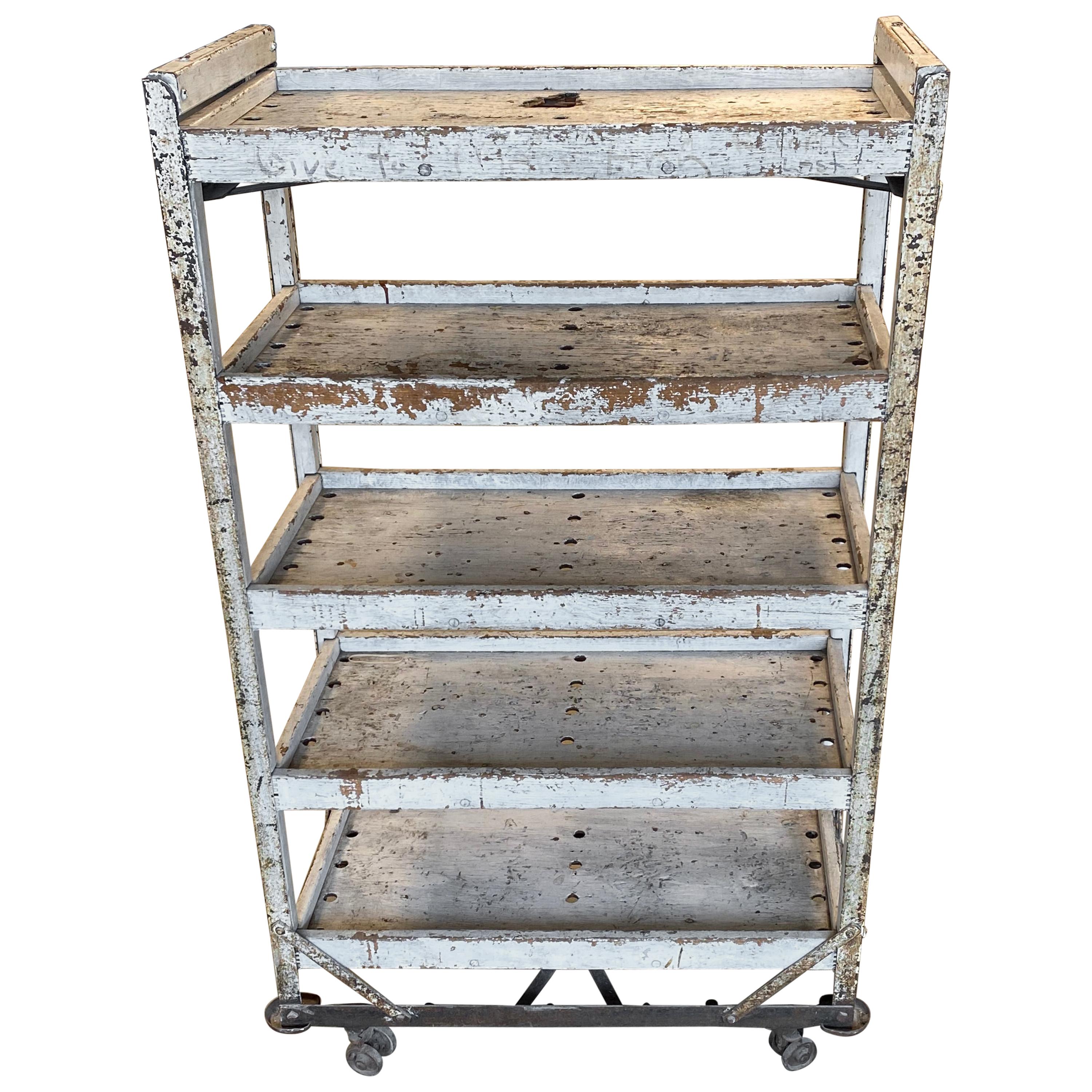 1930's Painted Wooden 5 Shelves Cart Or Bread Rack