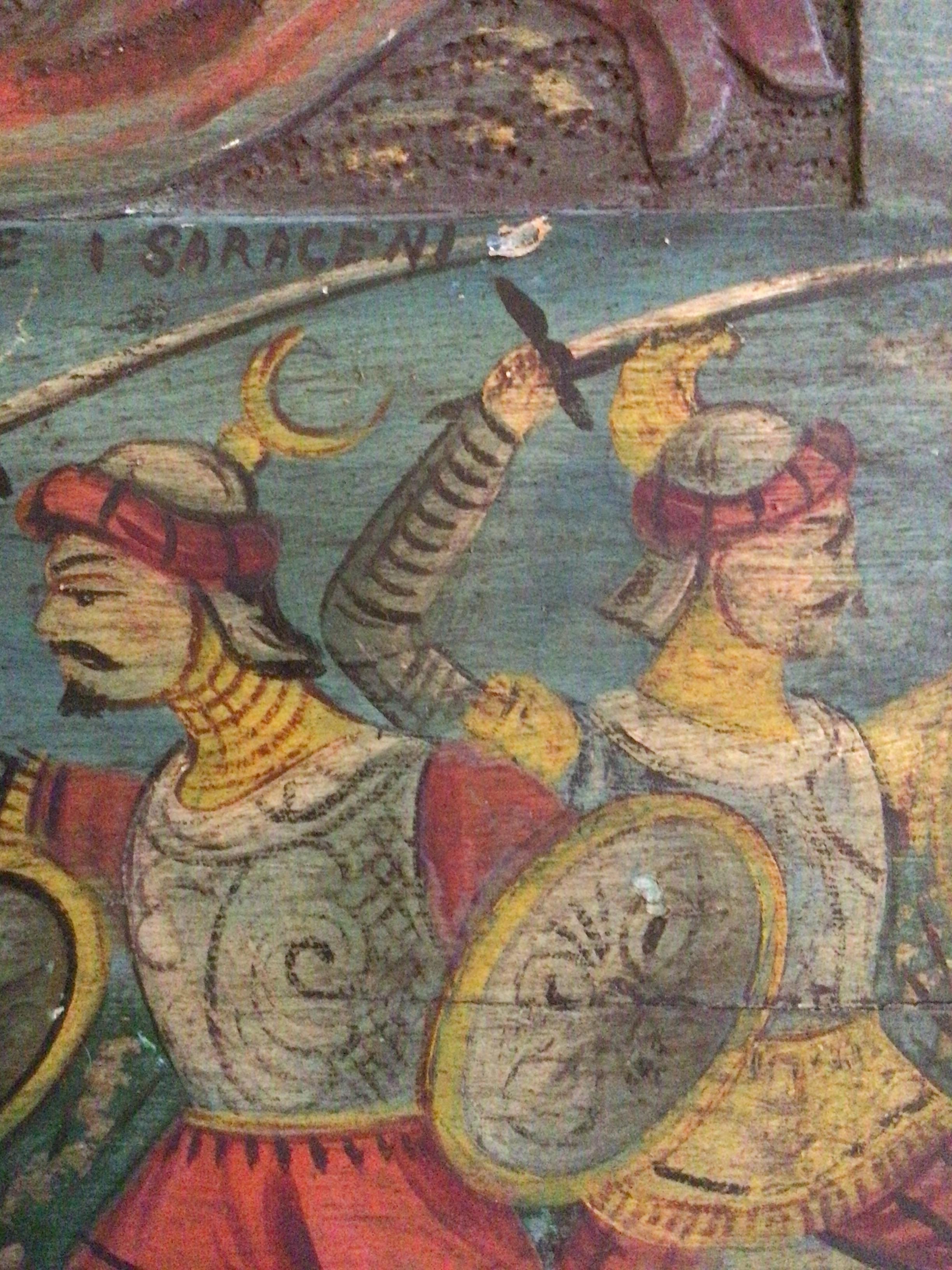 1930s Painting on Wood Board of Knights in Sword Battle For Sale 5