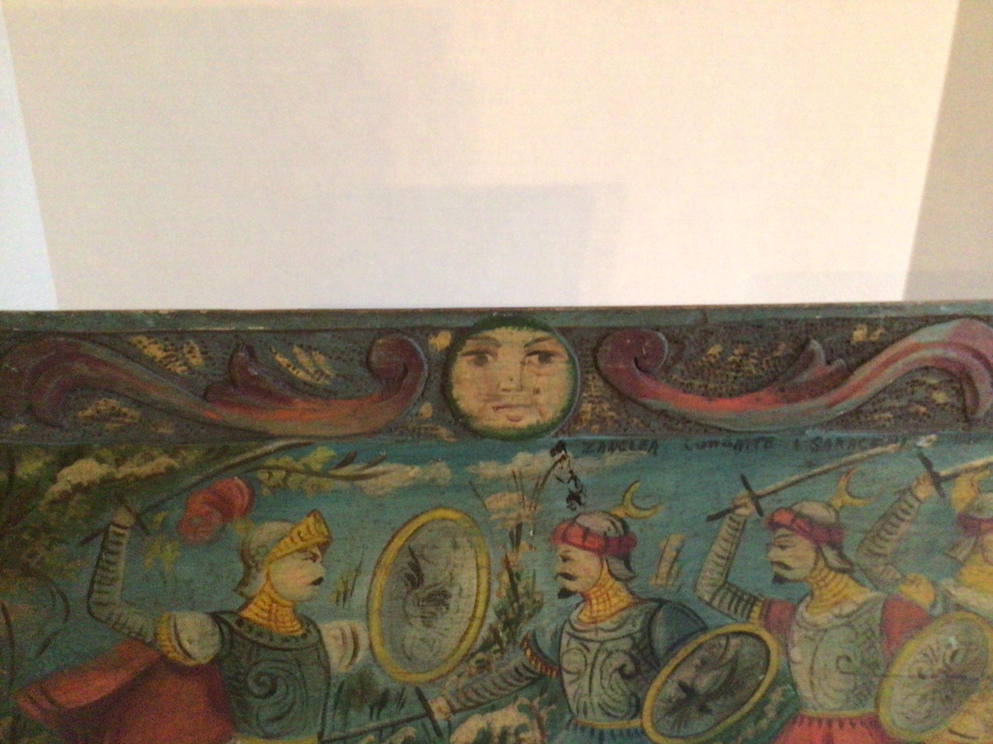 Hand-Painted 1930s Painting on Wood Board of Knights in Sword Battle For Sale