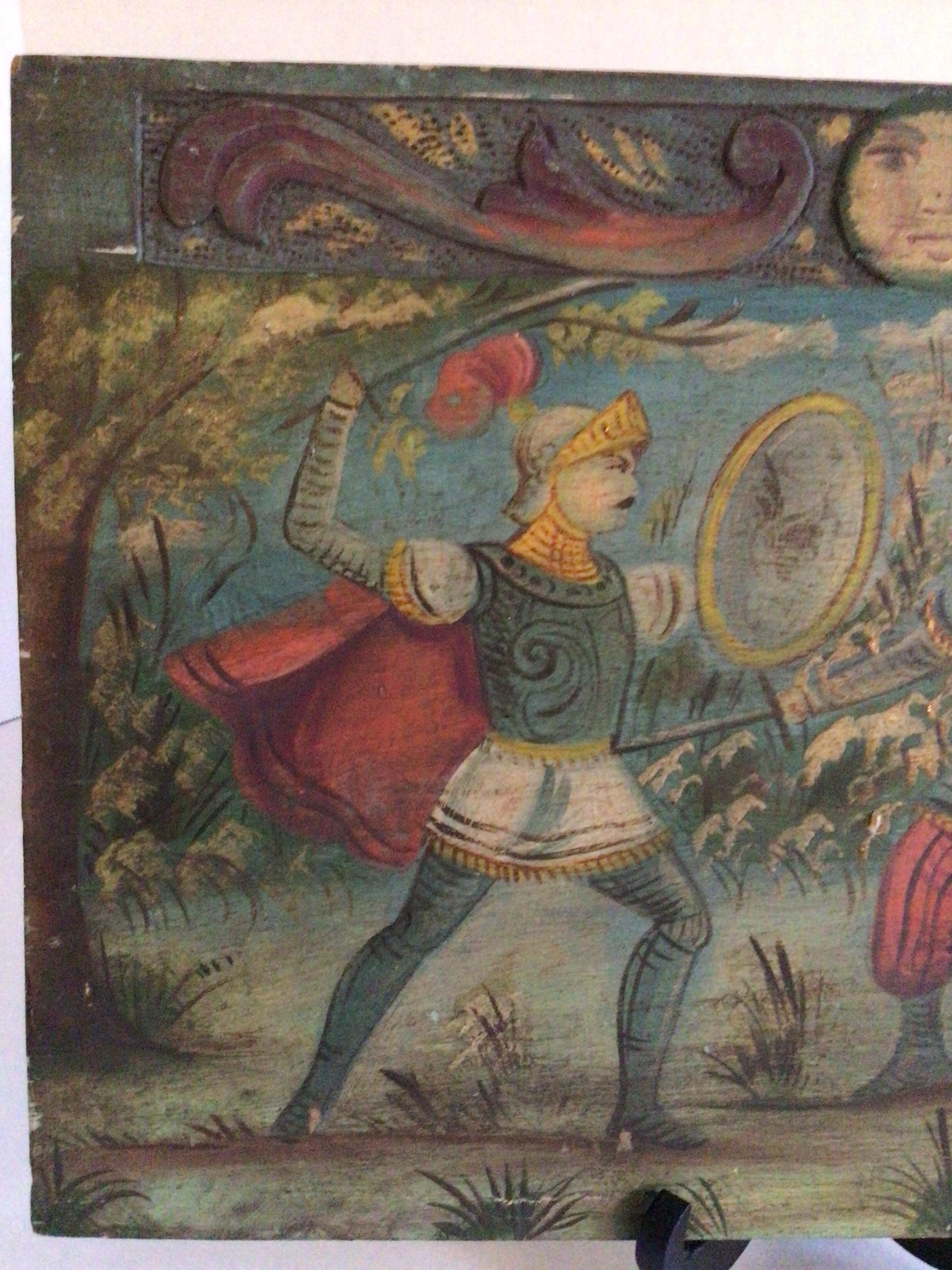 1930s Painting on Wood Board of Knights in Sword Battle In Good Condition For Sale In Tarrytown, NY