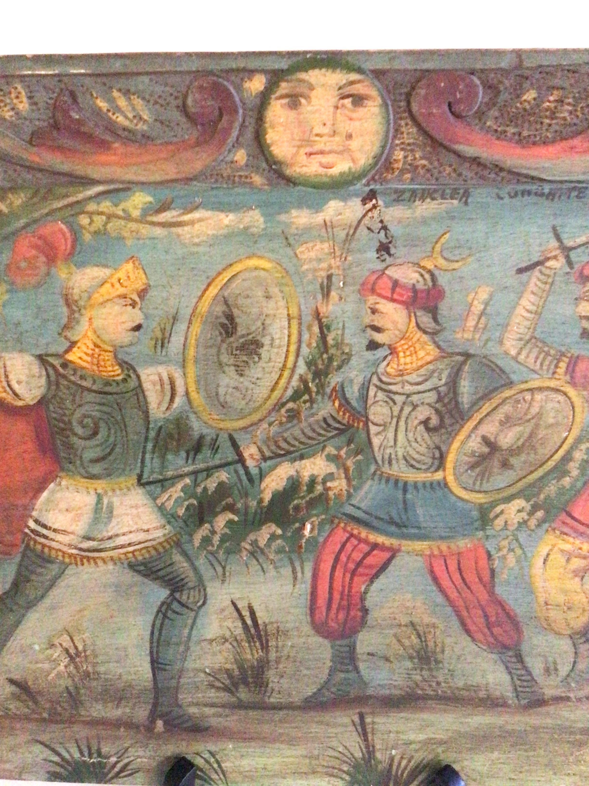 Mid-20th Century 1930s Painting on Wood Board of Knights in Sword Battle For Sale