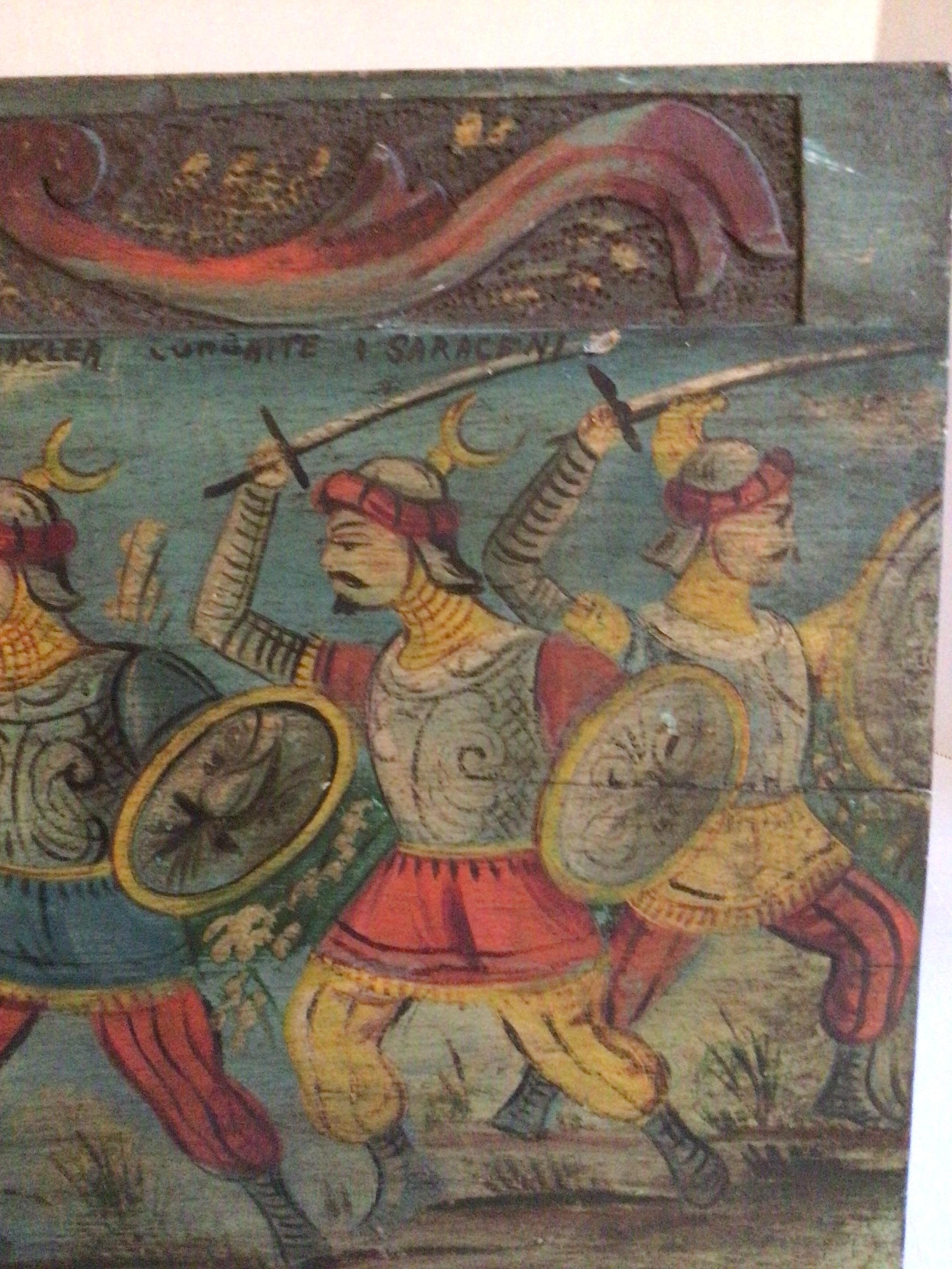 1930s Painting on Wood Board of Knights in Sword Battle For Sale 1