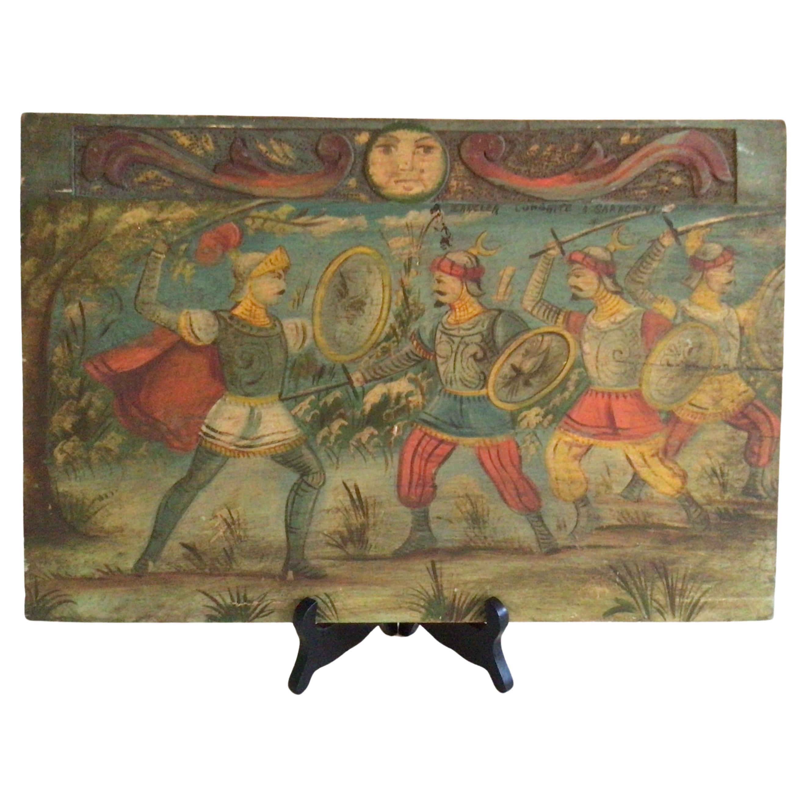 1930 Pintura sobre tabla de madera de Caballeros en batalla de espadas
