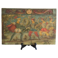 1930s Painting on Wood Board of Knights in Sword Battle