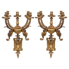 1930s Pair Bronze Gilt Large Wall Sconces