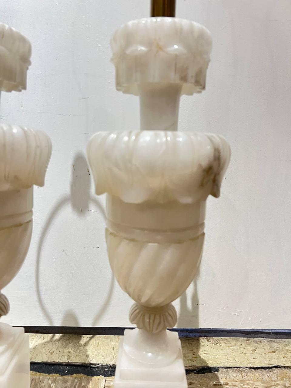 Mid-20th Century 1930's Pair Italian Carved Alabaster Table Lamps For Sale