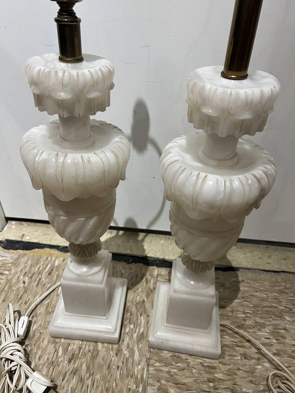 1930's Pair Italian Carved Alabaster Table Lamps For Sale 1