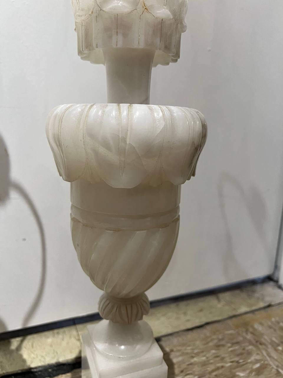 1930's Pair Italian Carved Alabaster Table Lamps For Sale 2