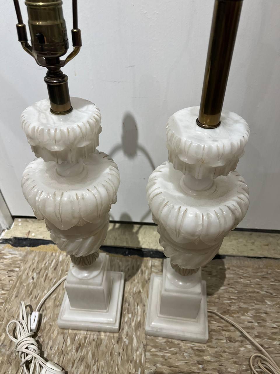 1930's Pair Italian Carved Alabaster Table Lamps For Sale 3
