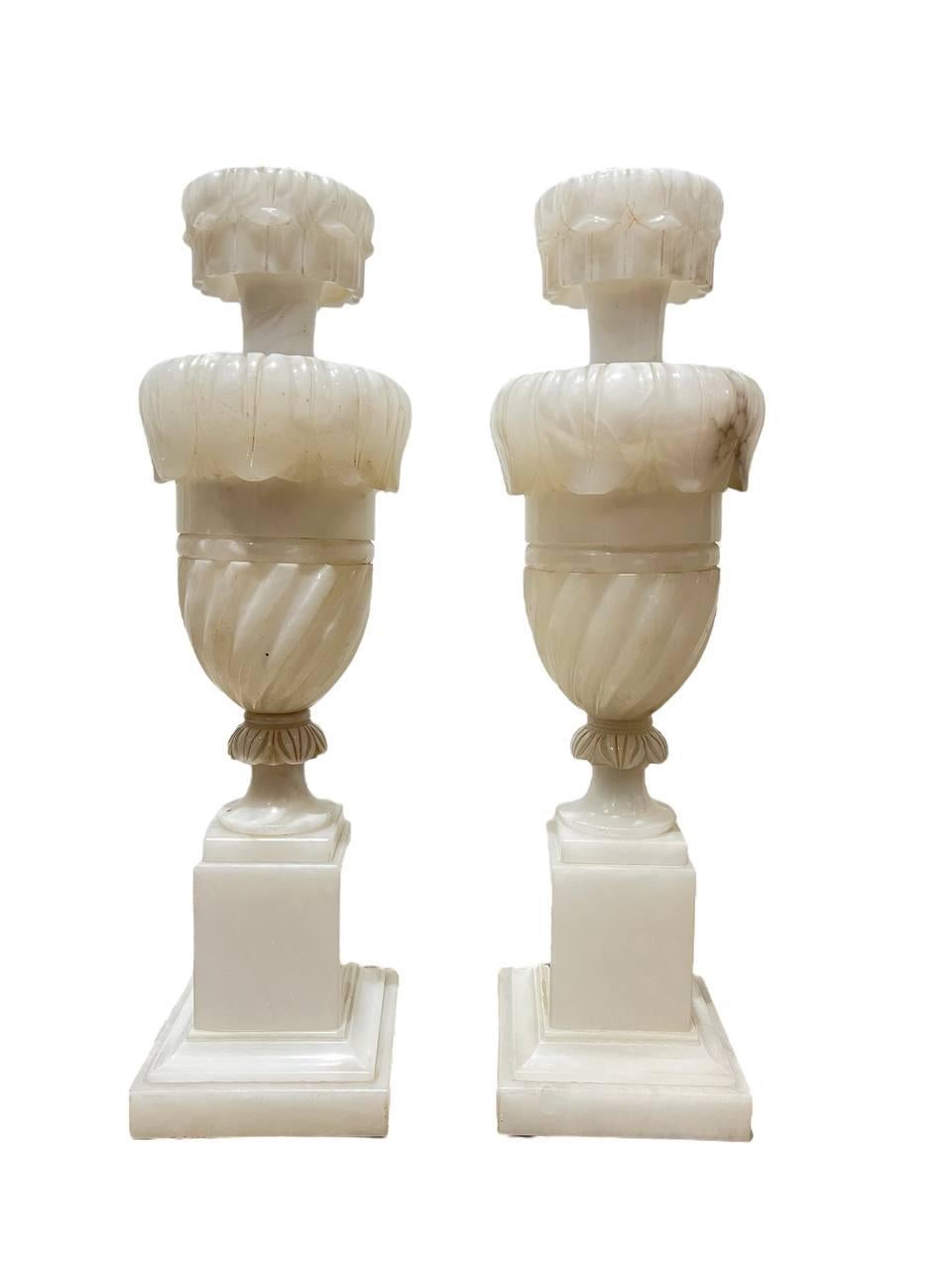 1930's Pair Italian Carved Alabaster Table Lamps For Sale 4