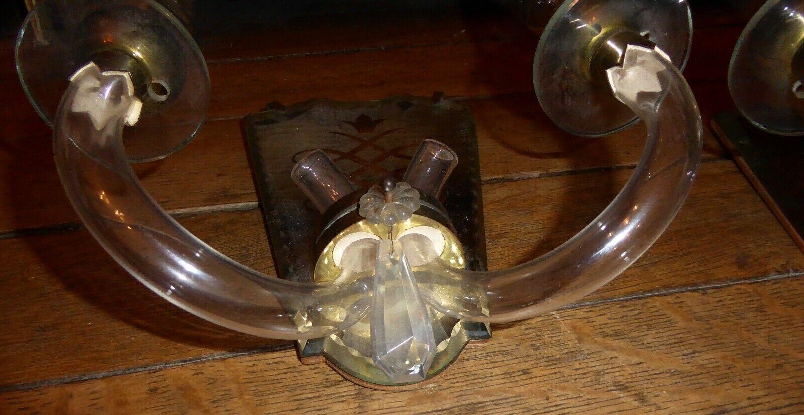 1930s Pair French Art Deco Blown Crystal Tube Wall Sconces attrib. Jules Leleu For Sale 6