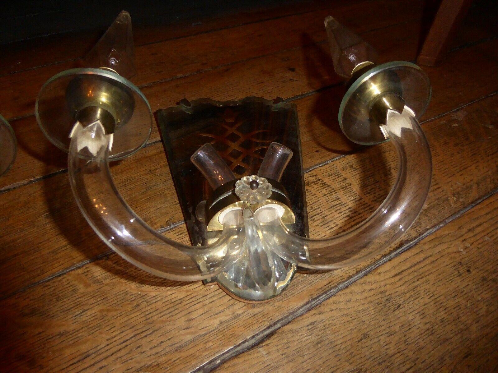 1930s Pair French Art Deco Blown Crystal Tube Wall Sconces attrib. Jules Leleu For Sale 3