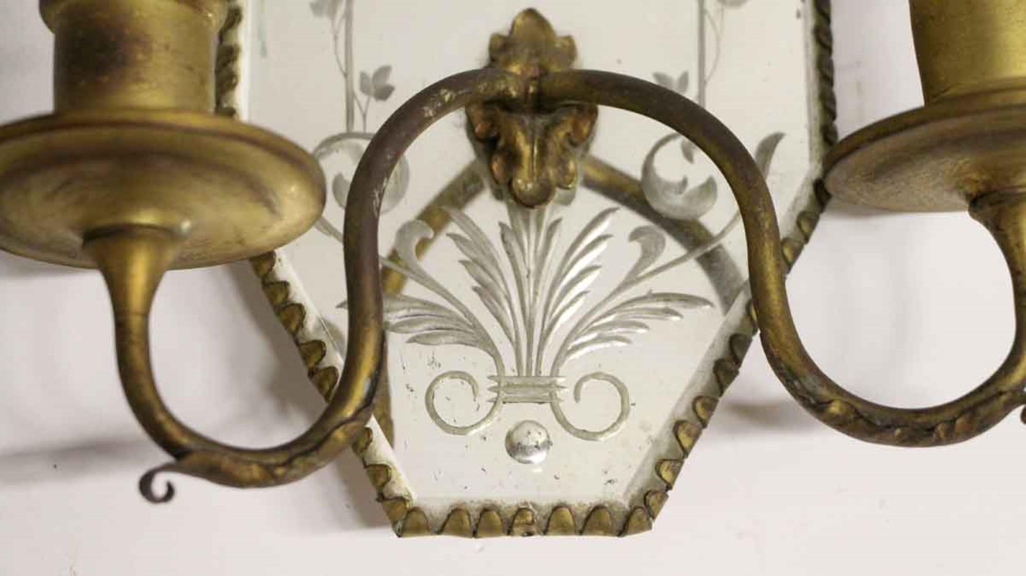 Mid-20th Century 1930s Pair of 2 Arm French Sconces with Brass and Etched Mirror Back Plates